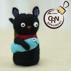 Black Cat with Fish Ornament - Handmade Felted Wool Christmas Decoration (min. order qty 6 required)